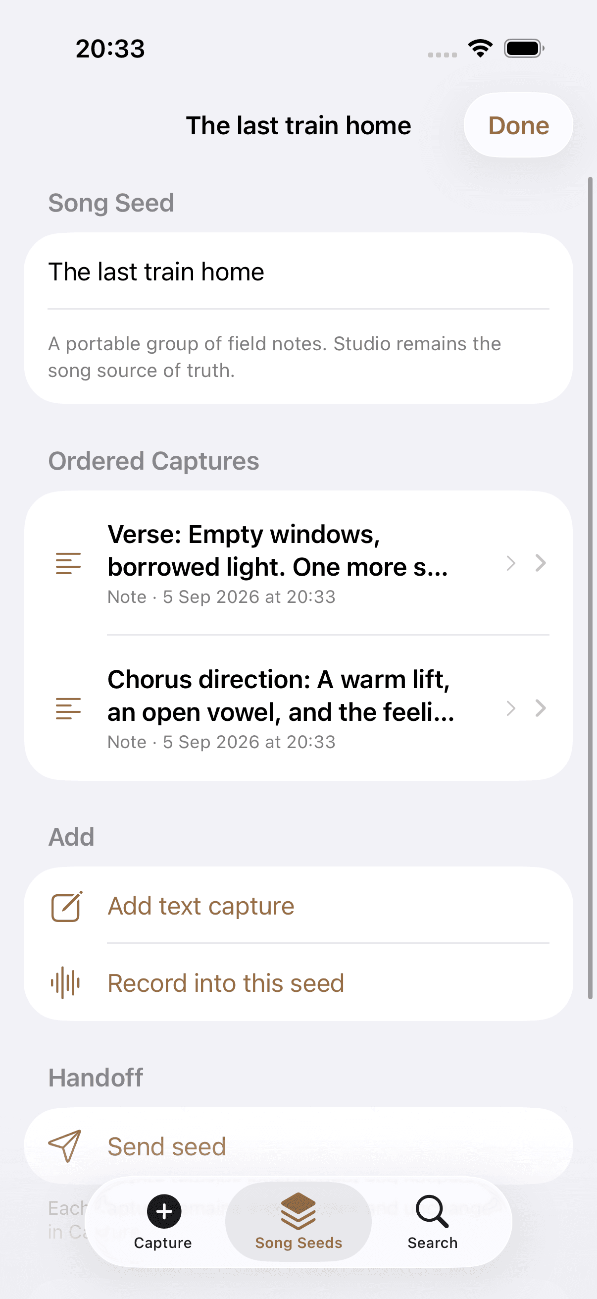 Related text and voice ideas kept together in a Kordra Capture Song Seed