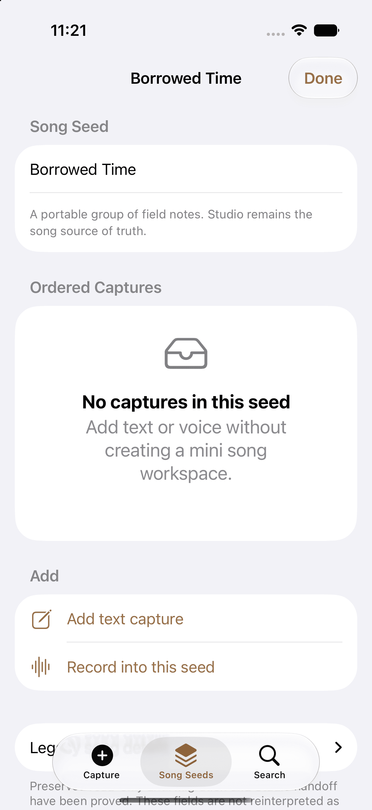 Kordra Capture Song Seed grouping related ideas