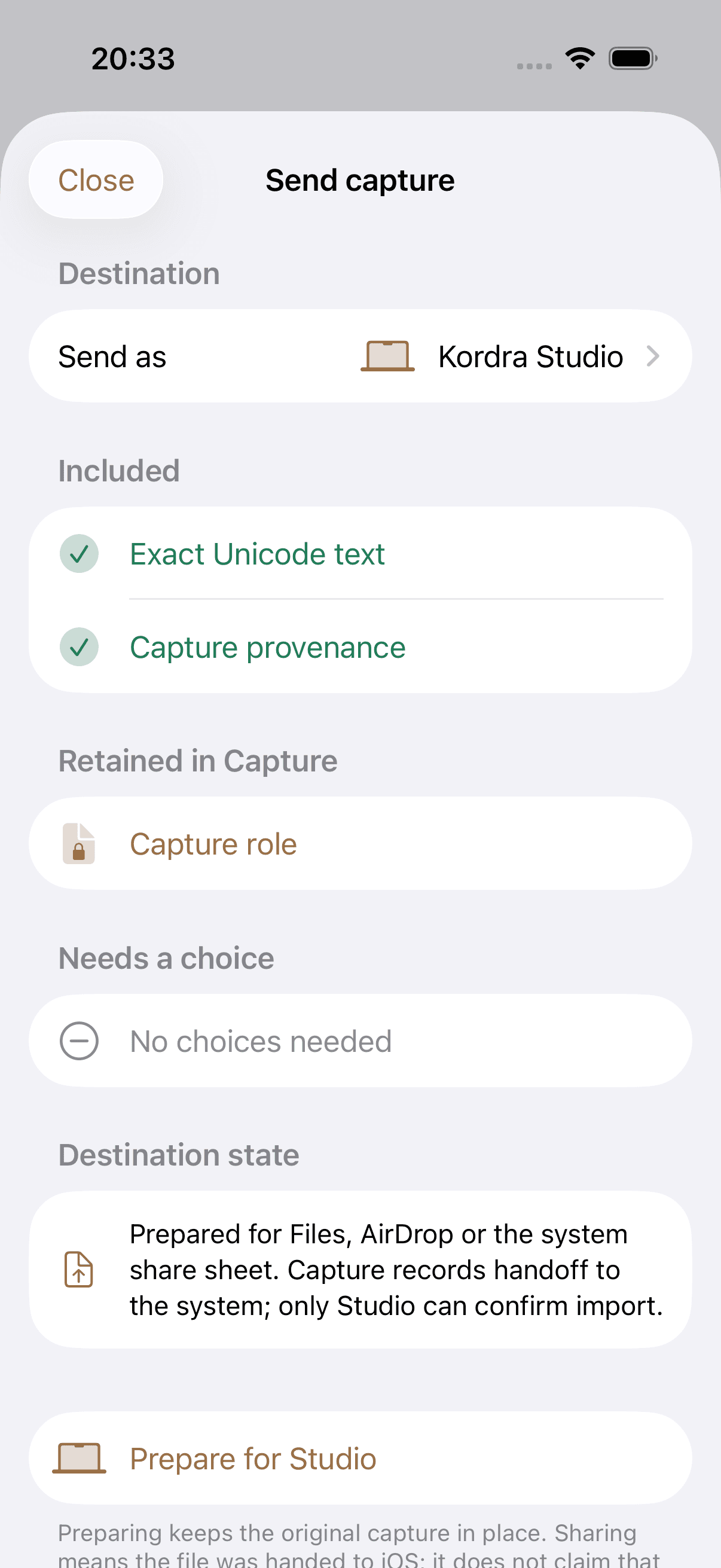 Kordra Capture handoff review showing the selected content and retained originals