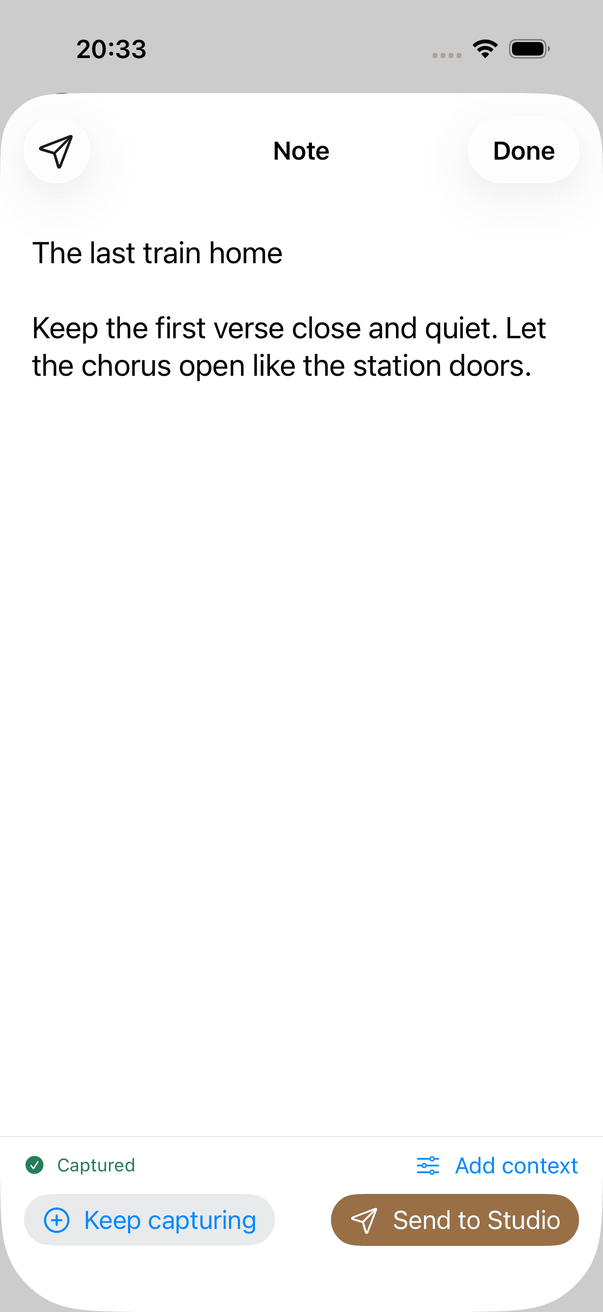 A saved lyric idea in Kordra Capture, with optional context and a Send to Studio action