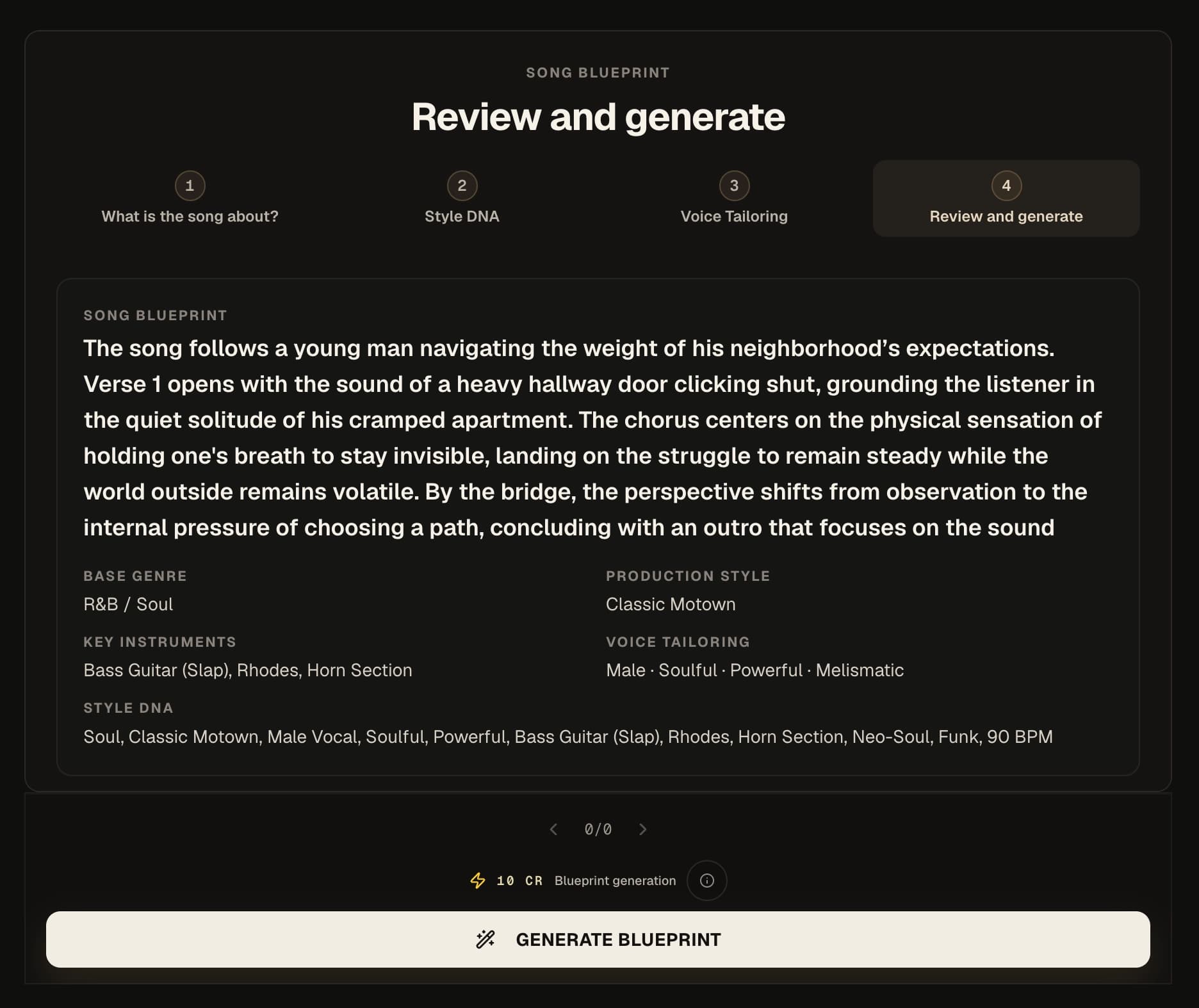 Kordra Music Blueprint generation workspace with a song idea and structured context