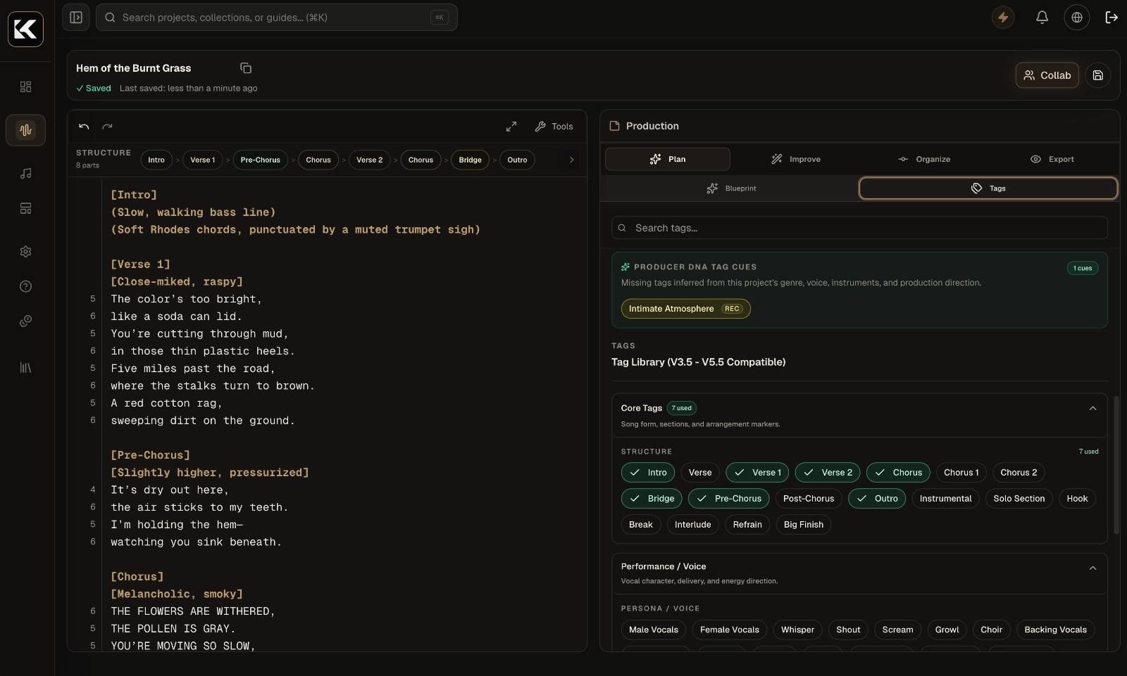 Kordra workspace showing lyrics, style tags, and production controls
