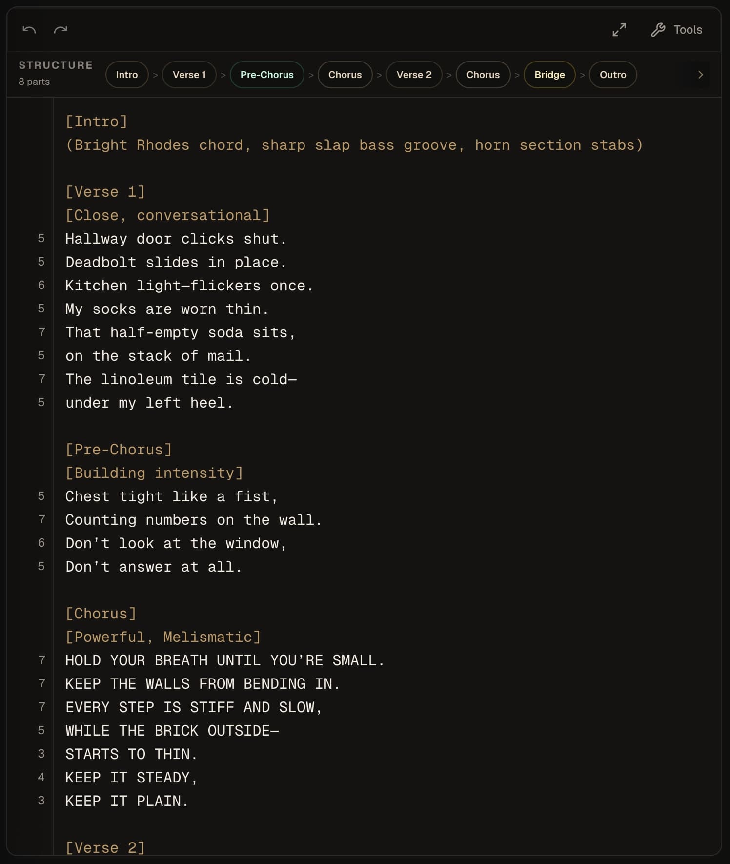 Kordra Music lyric editor showing song sections, performance directions and lyrics