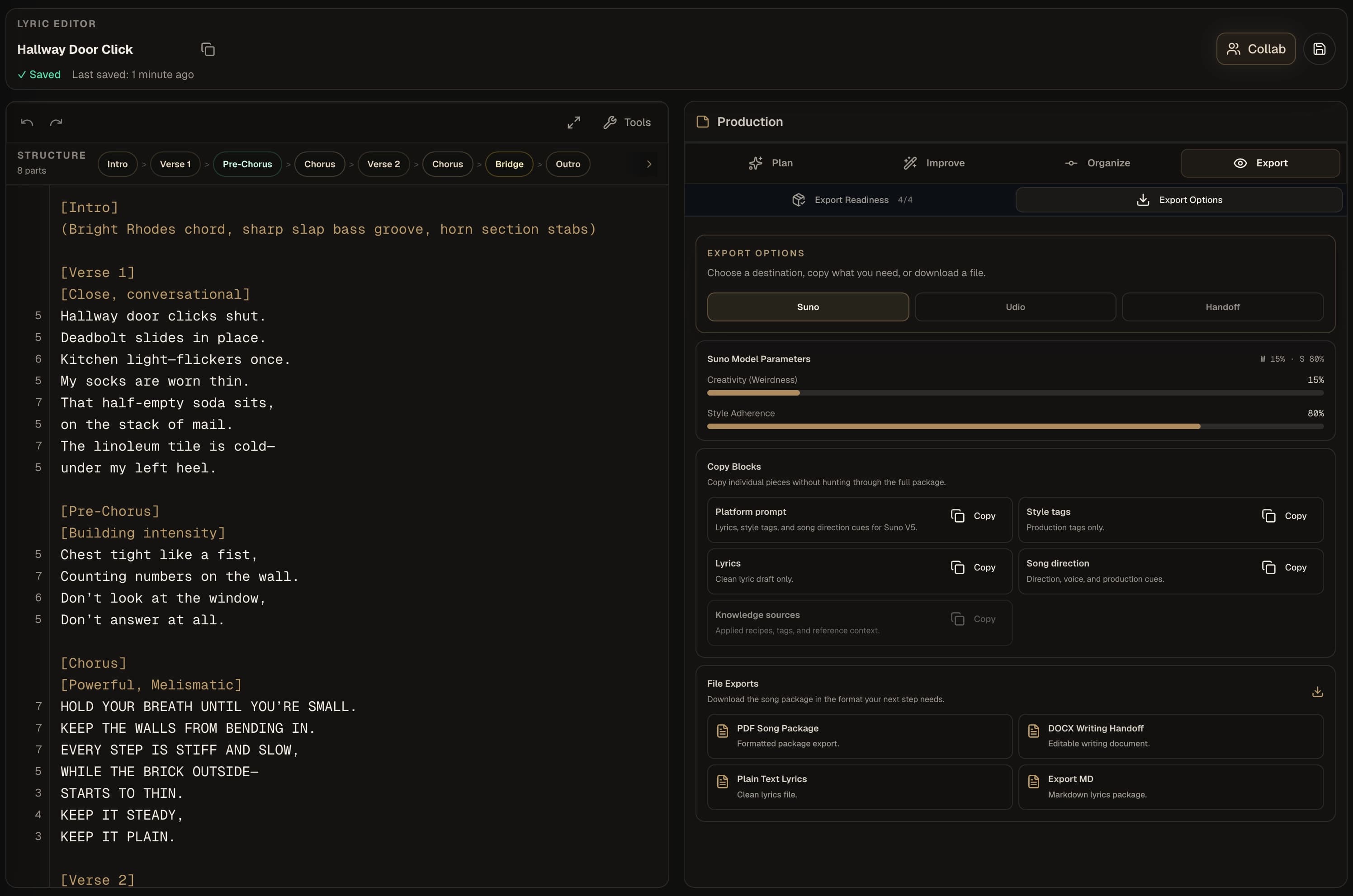 Kordra Music export options inside the editor