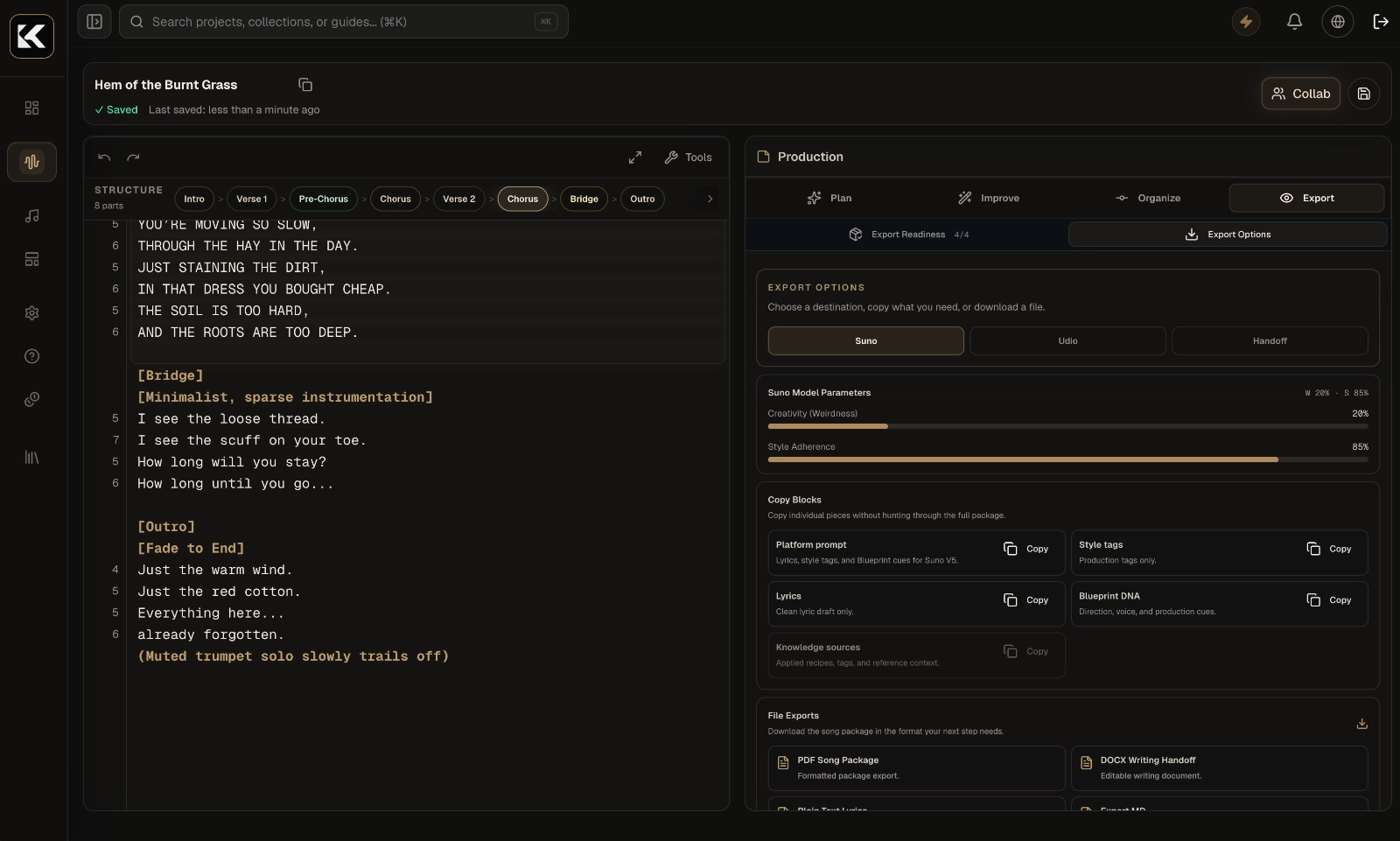 Editor workspace showing prompt package and export controls