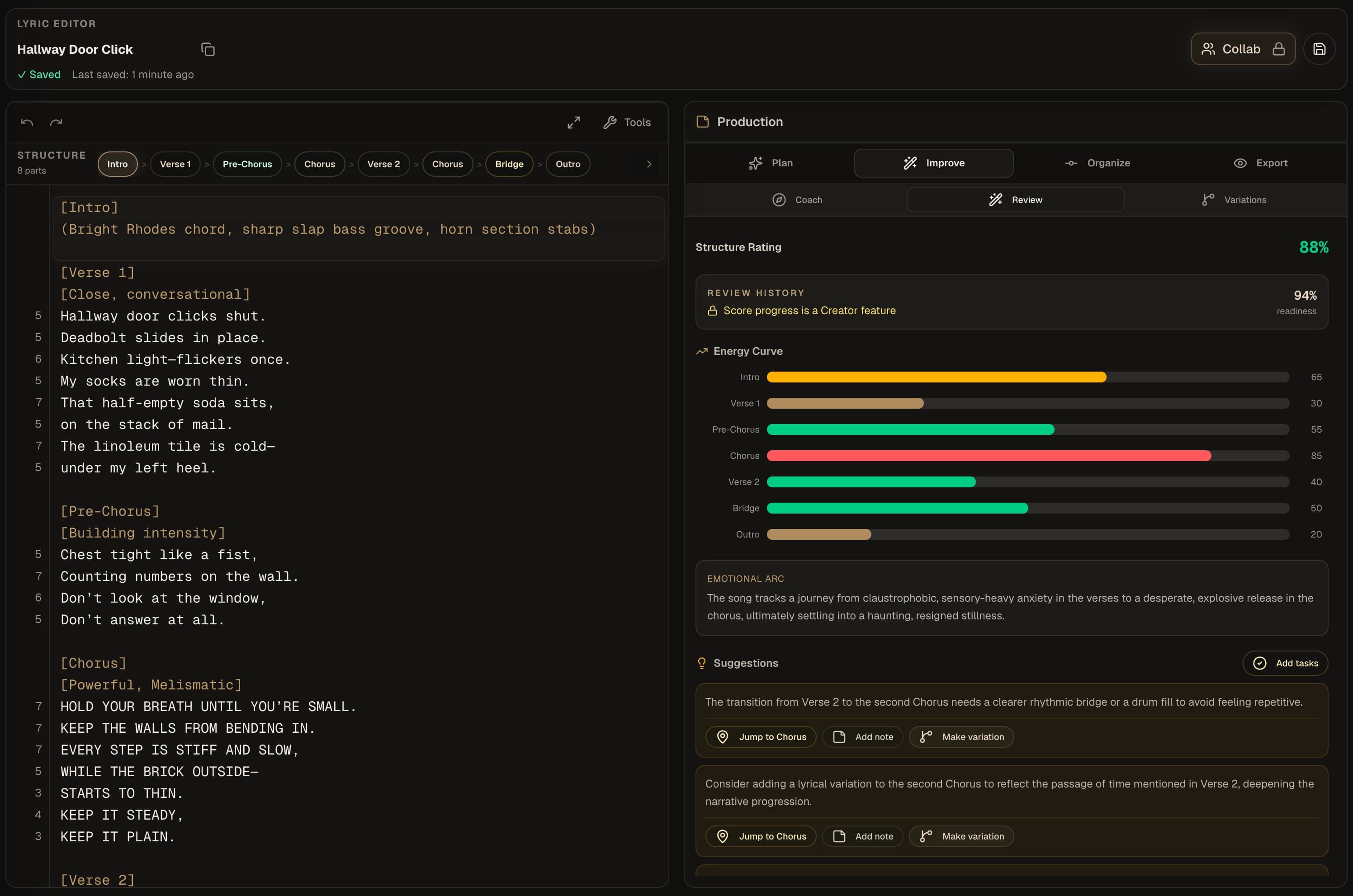 Kordra Music review panel with structure rating, energy curve and suggestions