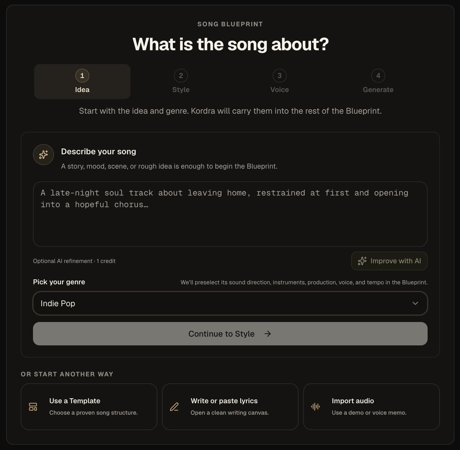 Kordra Music Song Blueprint opening step with song idea and genre fields