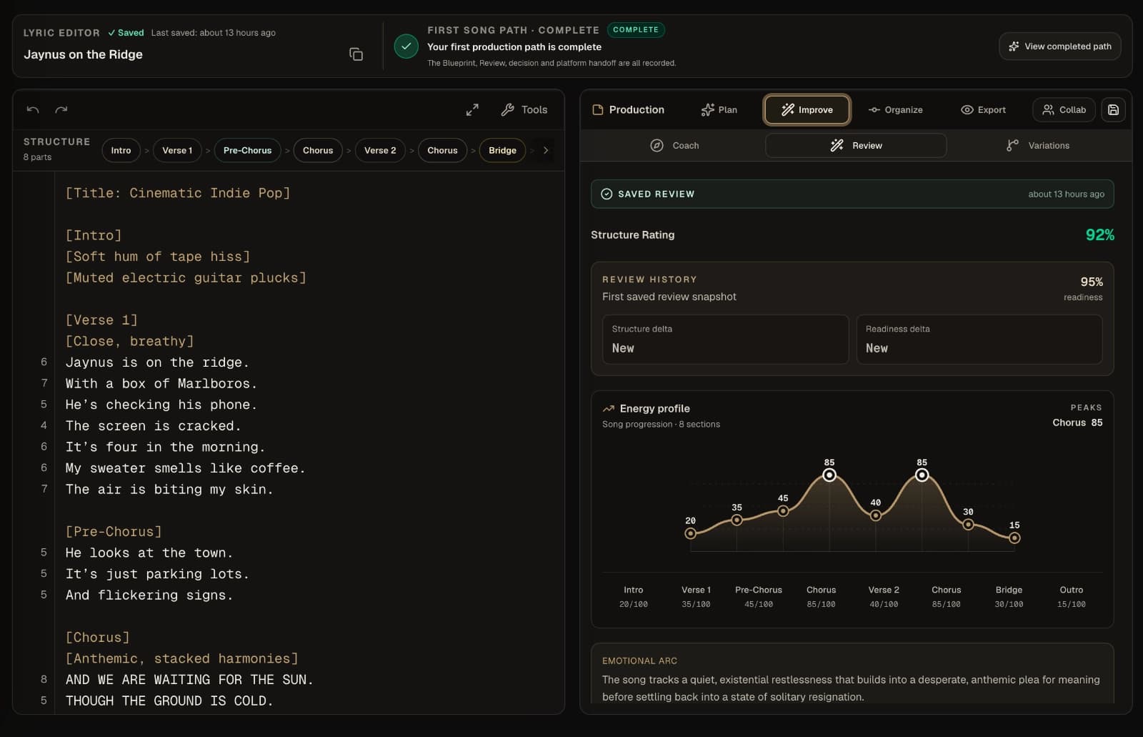 Kordra Music lyric editor beside a saved review with structure rating and energy profile