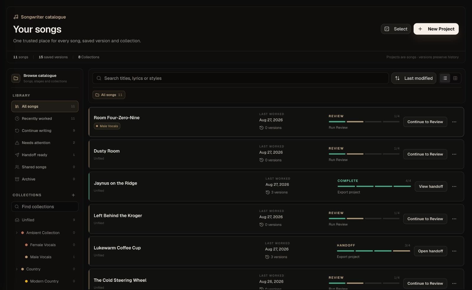 Kordra Music songwriter catalogue with saved songs, collections, review stages and handoff readiness