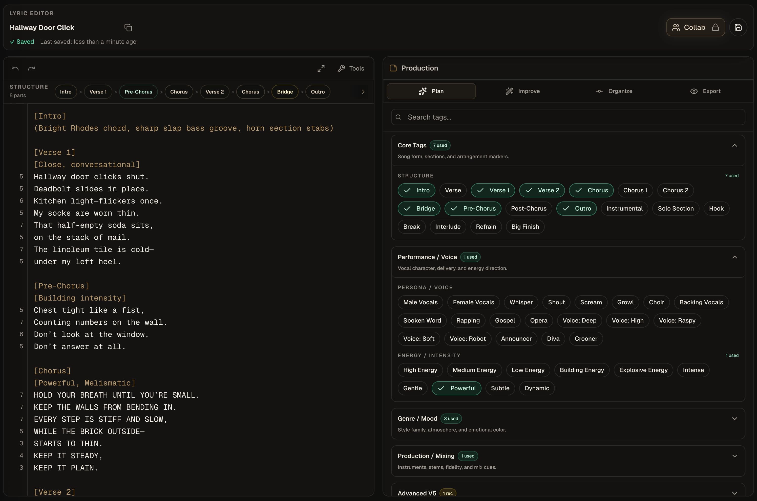 Kordra Music lyric editor with structure and song tags workspace