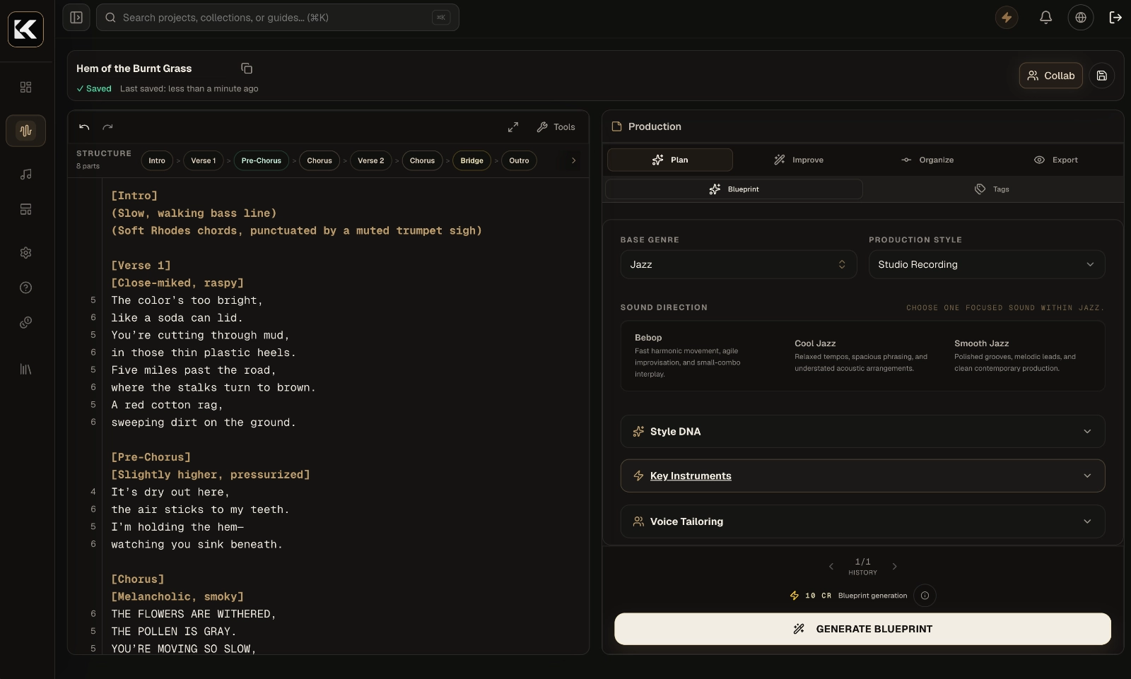 AI Blueprint builder with model power controls and song planning fields