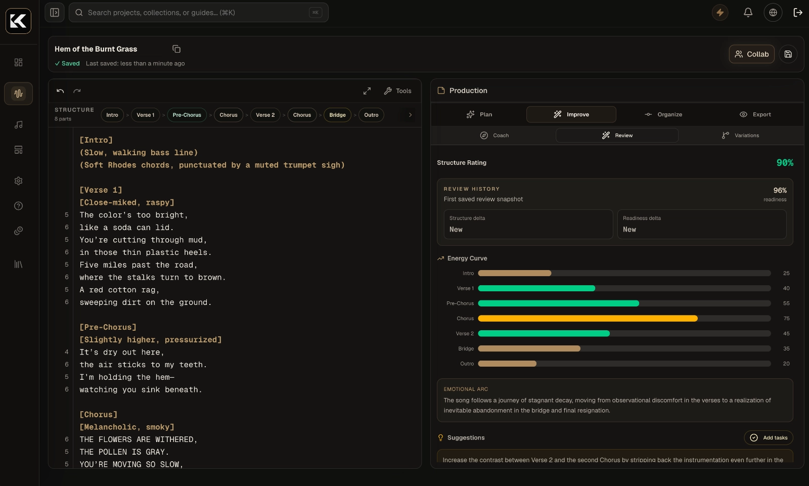 AI Review panel with structure rating, energy curve, and suggestions