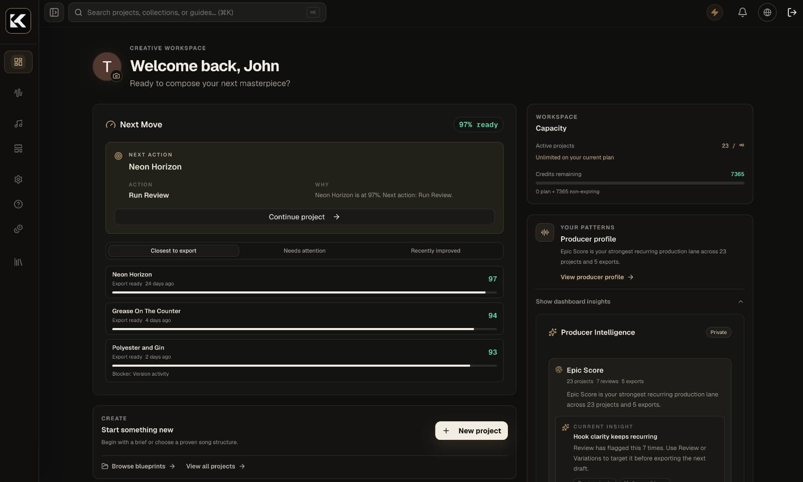 Kordra Music dashboard with next actions, readiness and project capacity