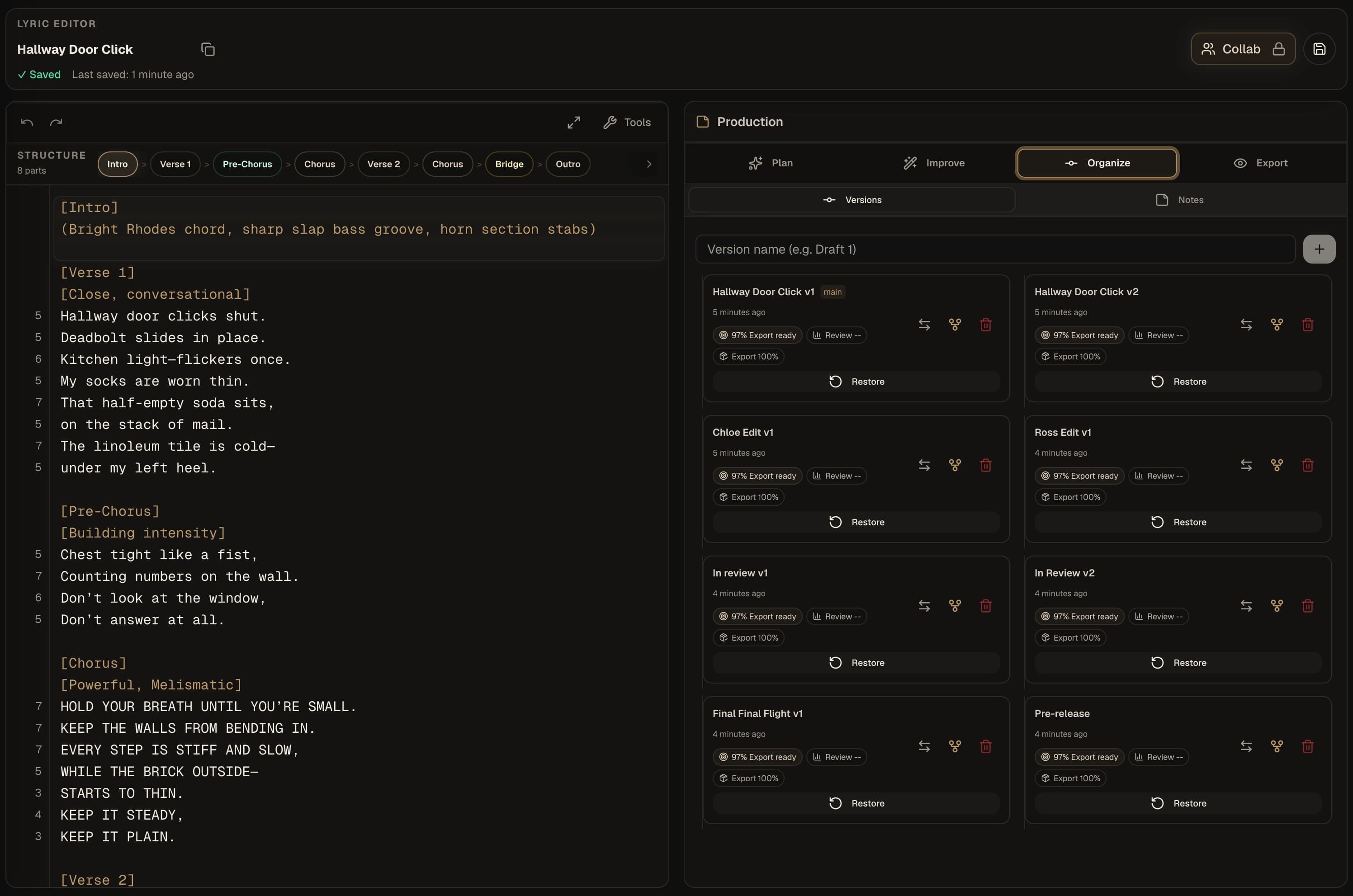 Kordra Music lyric editor with production versions and restore controls