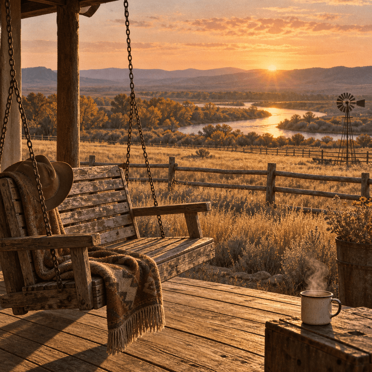 A porch swing overlooking a sunlit ranch and a winding river.