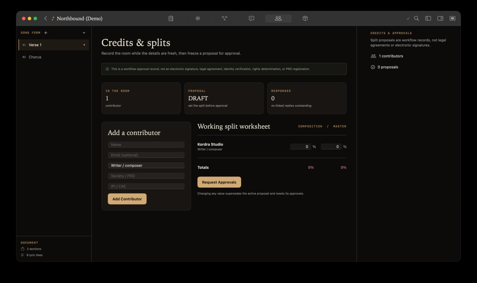 Kordra Studio credits and splits workspace with contributors and roles