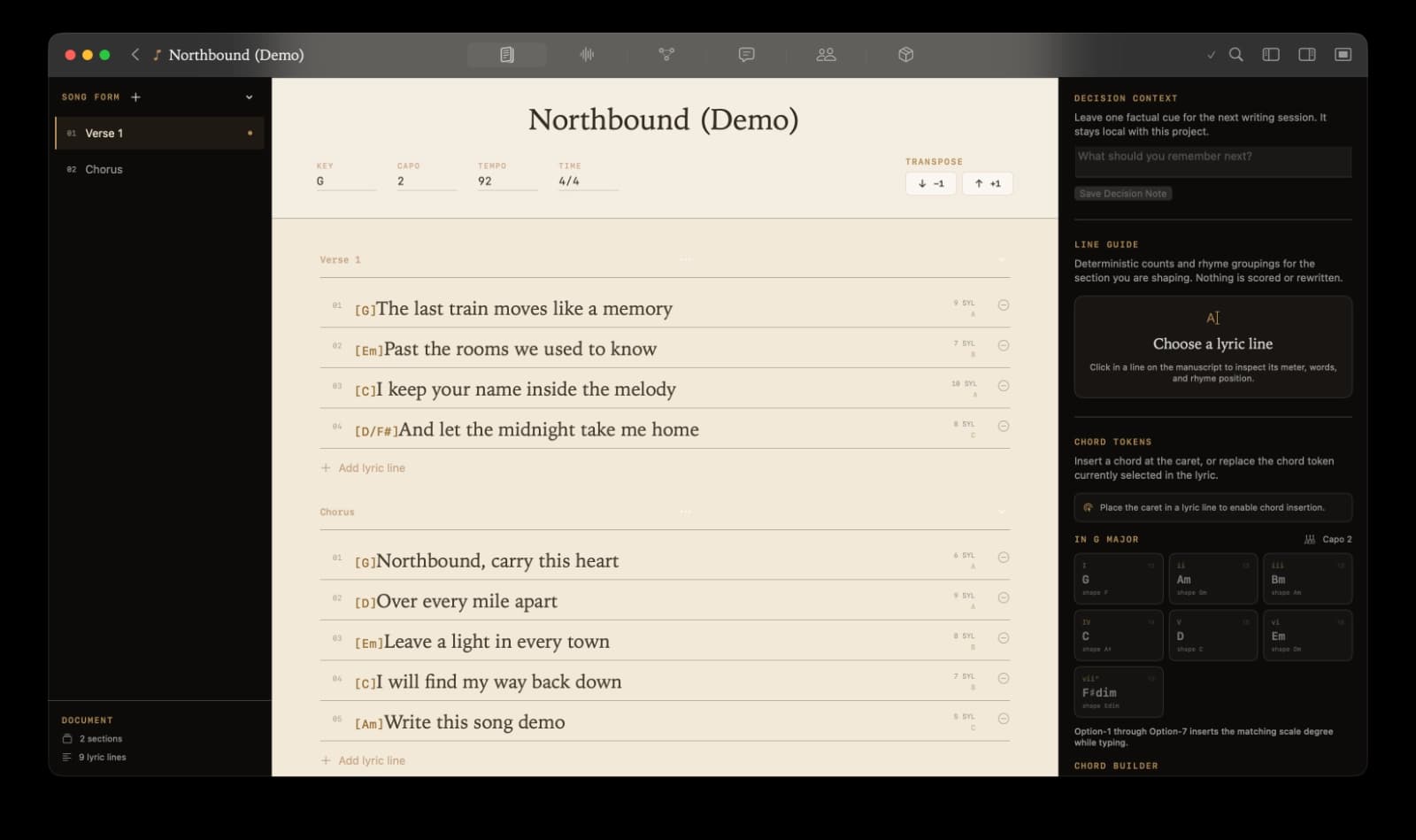 Kordra Studio songwriter workspace with chorded lyrics and song settings