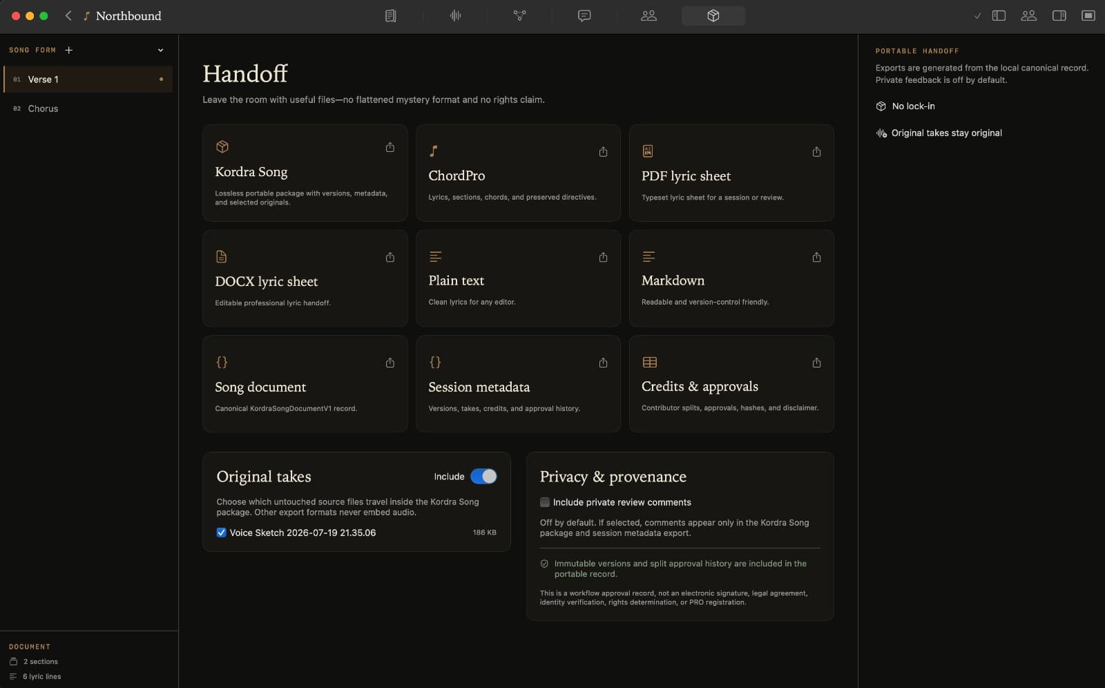 Kordra Studio Handoff screen with lyric, document and project export formats