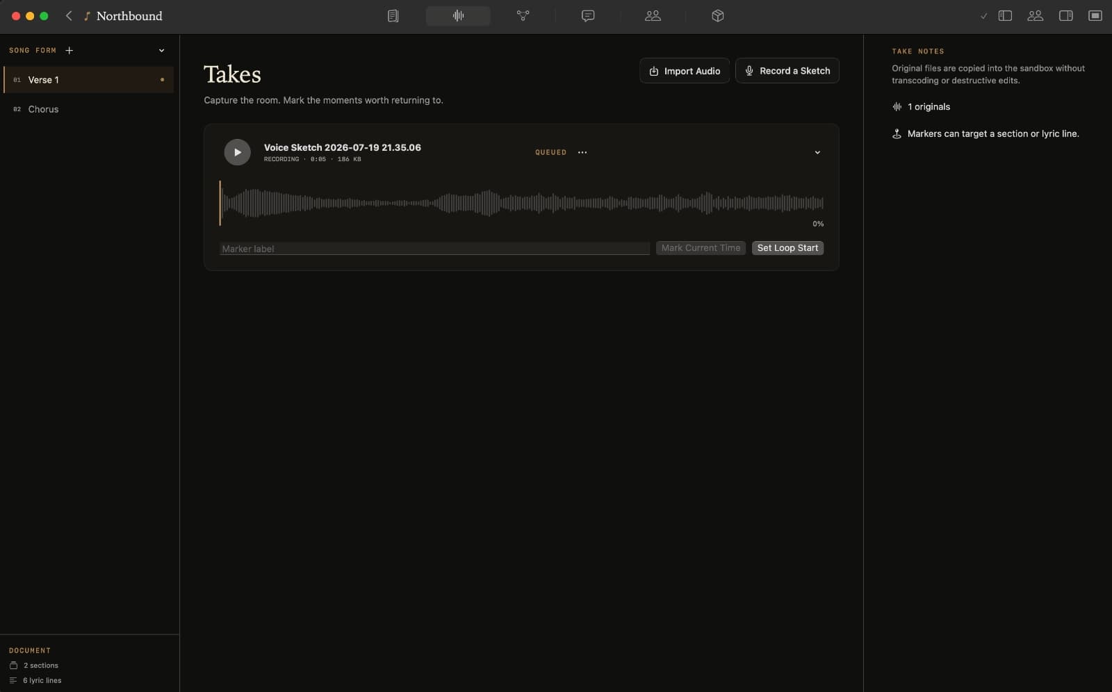 Kordra Studio Takes workspace with an imported recording, waveform and markers
