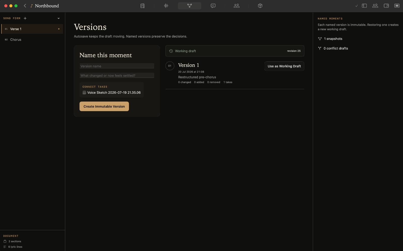 Kordra Studio Versions workspace with named moments and compare controls