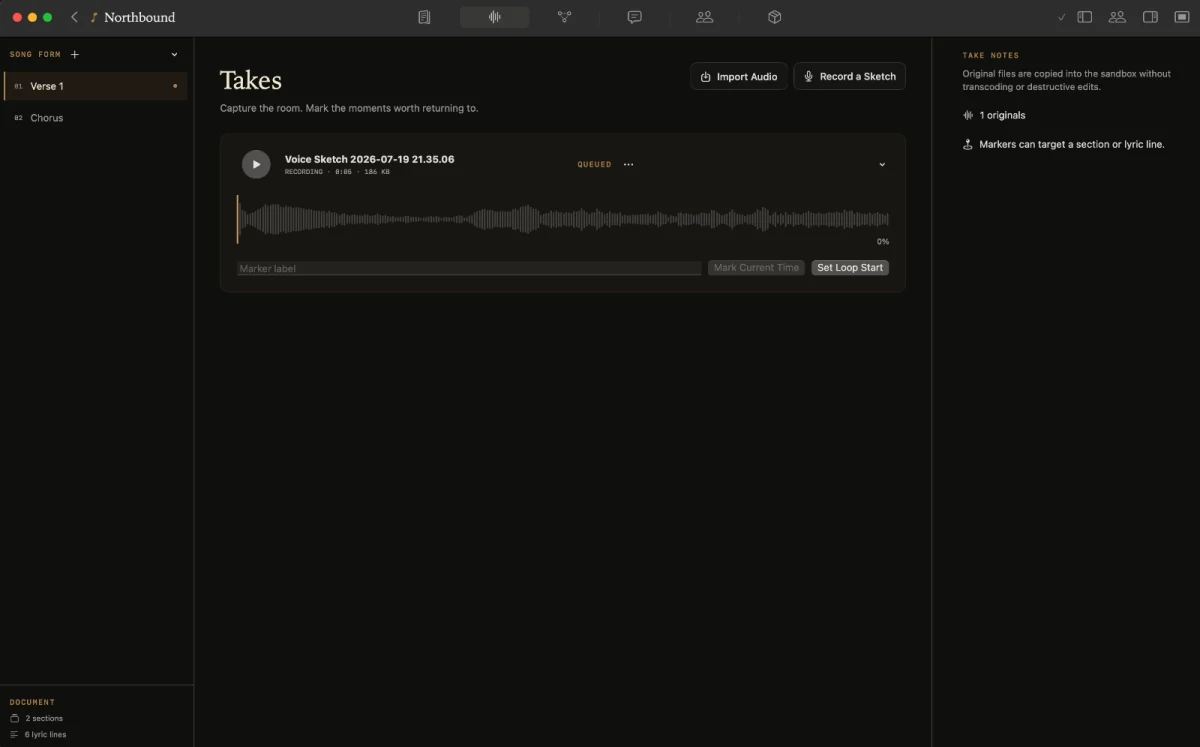 Kordra Studio Takes workspace showing an imported recording with its waveform, marker and loop controls.