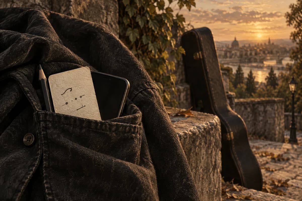 Painterly still life of a bone paper card, pencil and unlit phone in a charcoal jacket pocket at bronze evening light.