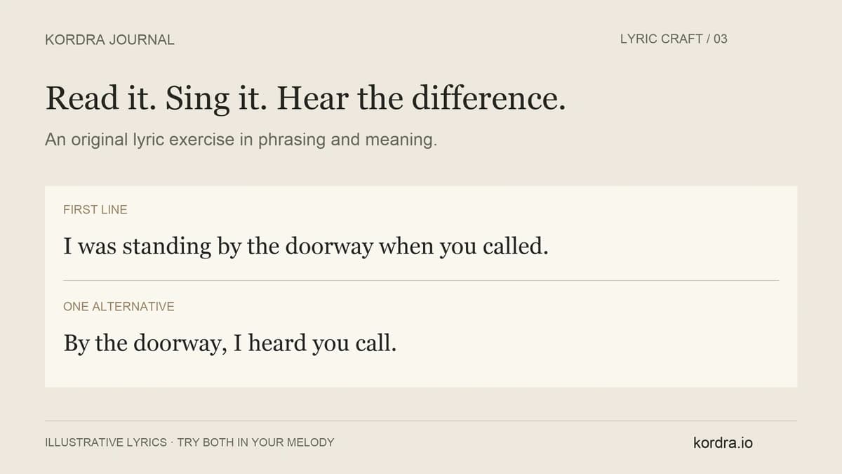 Original illustrative lyric exercise comparing “I was standing by the doorway when you called” with “By the doorway, I heard you call”.