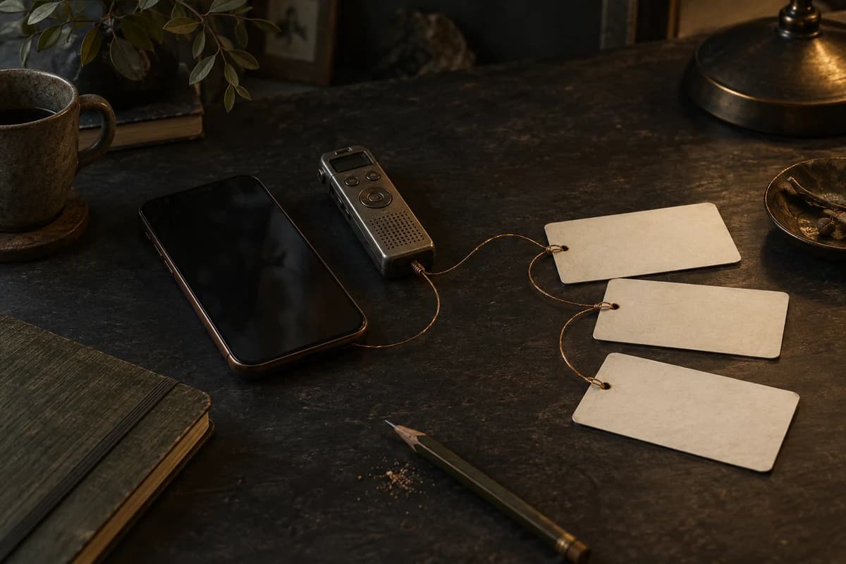 Original painterly editorial still life of a phone, voice recorder and blank context cards in Kordra's charcoal, bronze and bone palette.