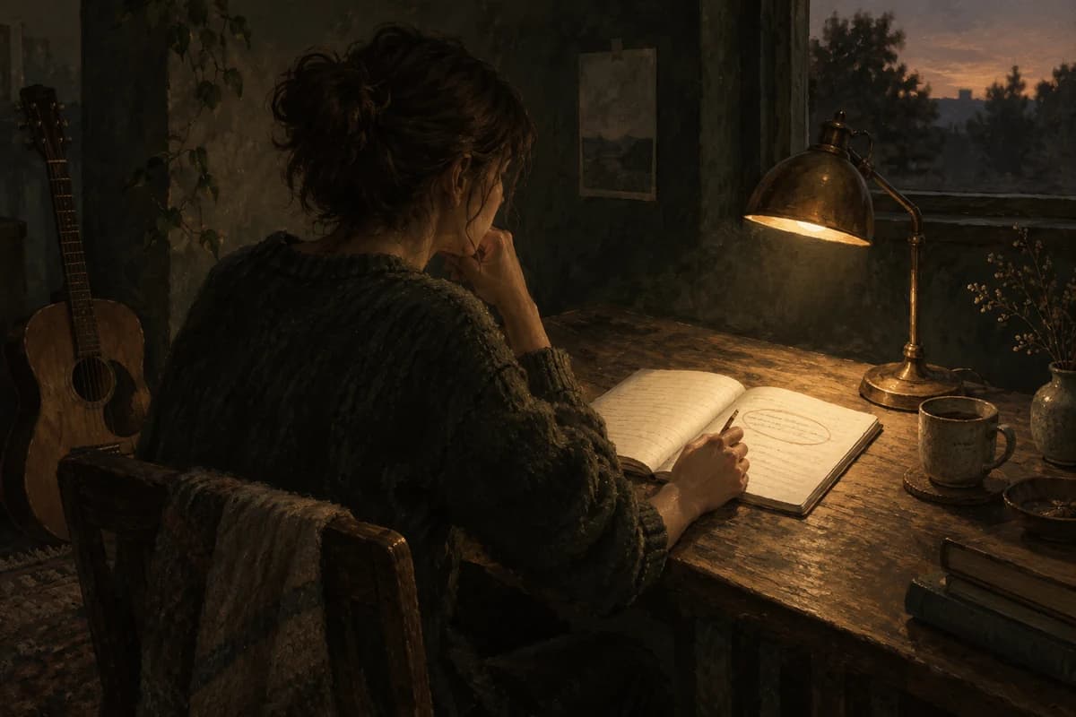Painterly illustration of a songwriter pausing over one marked passage in an unfinished notebook under warm lamplight.