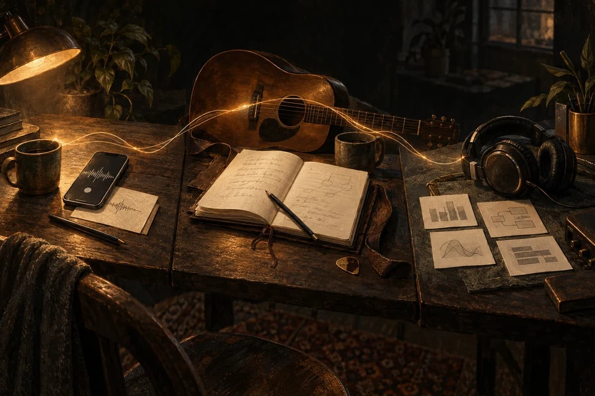 Artistic editorial illustration of three distinct songwriting moments—capture, human-led writing and AI-assisted planning—using Kordra's charcoal, bronze and bone palette.