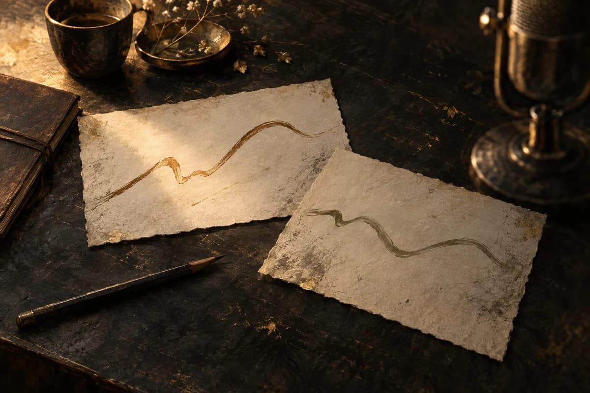 Painterly cover illustration: two contrasting lyric-paper strokes on a charcoal desk, suggesting a songwriter comparing rough vocal takes.