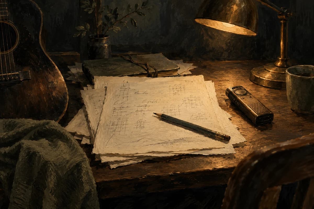 Painterly editorial illustration: bone paper with abstract marks, a graphite pencil, a bronze voice recorder and guitar on a charcoal table in warm bronze light.