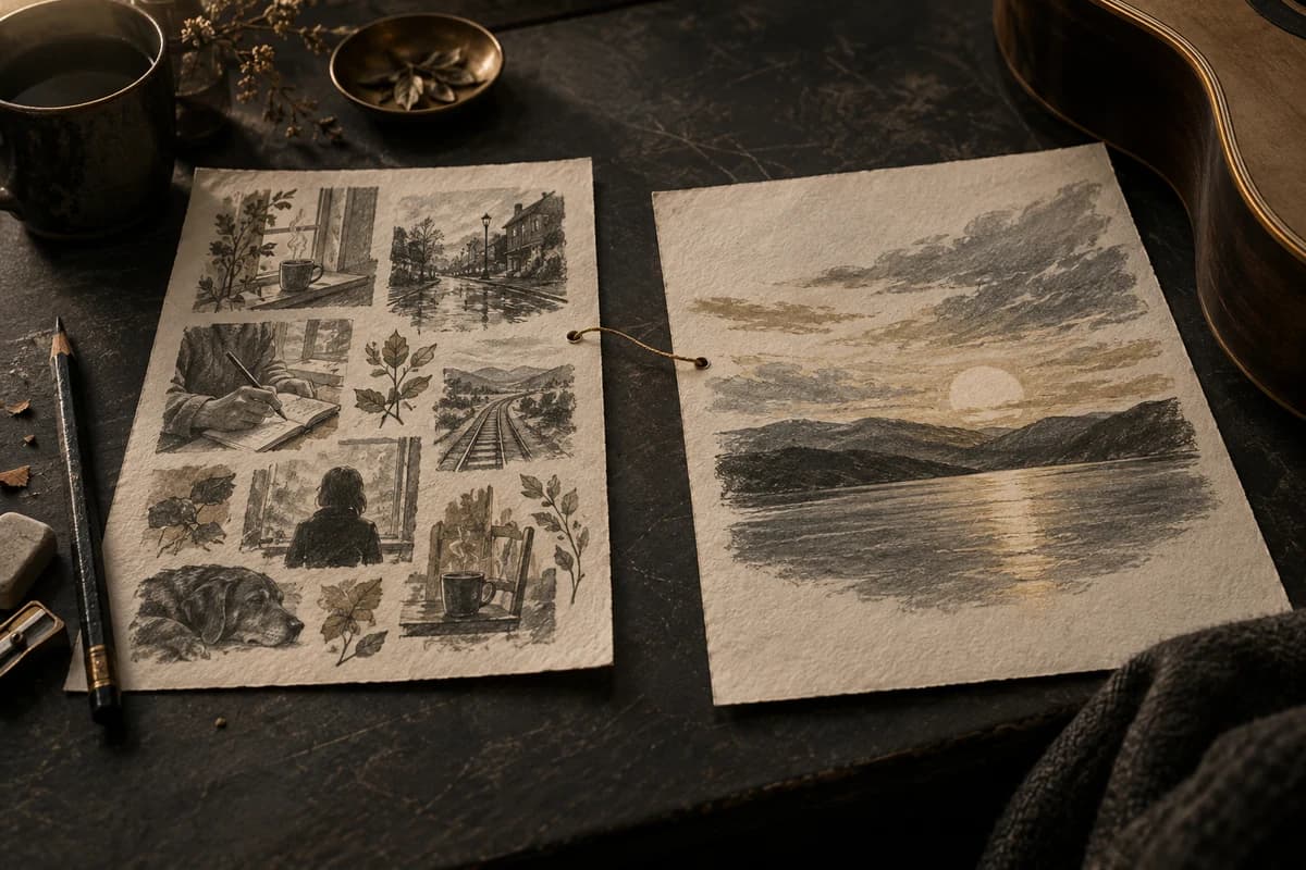 Original painterly editorial still life showing detailed verse observations opening into a wider chorus, in Kordra charcoal, bronze and bone.