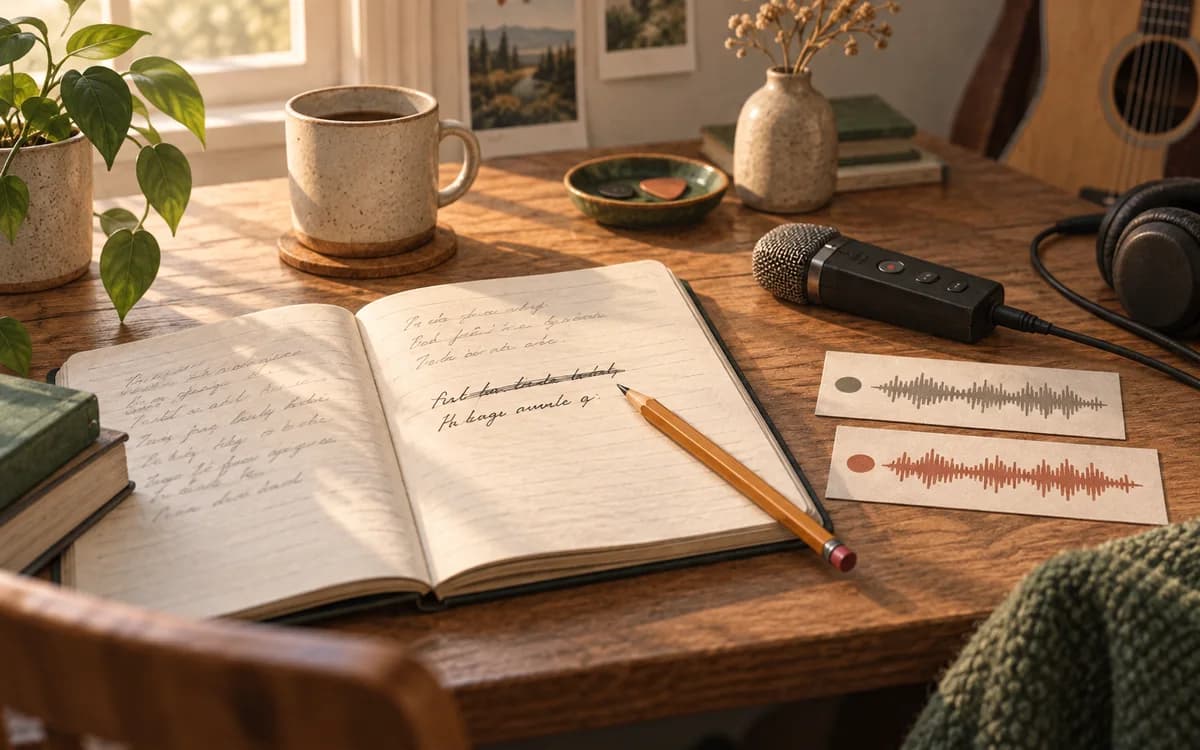 Original editorial illustration of a songwriter revising a lyric at a desk, with a notebook, microphone and two separate waveform cards representing two takes. No product interface.
