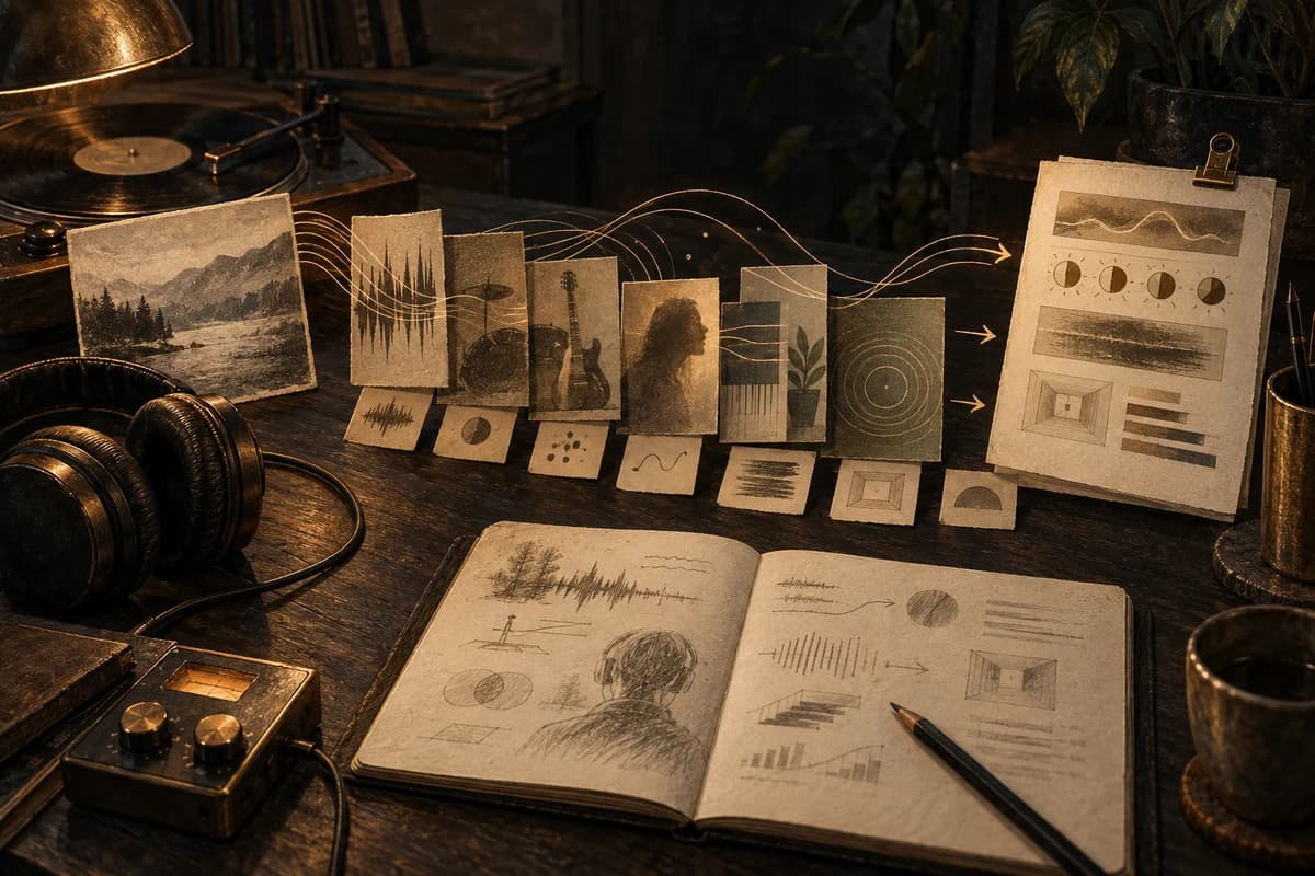 Artistic editorial still life of reference cards becoming production direction, in Kordra's charcoal, bronze and bone palette.