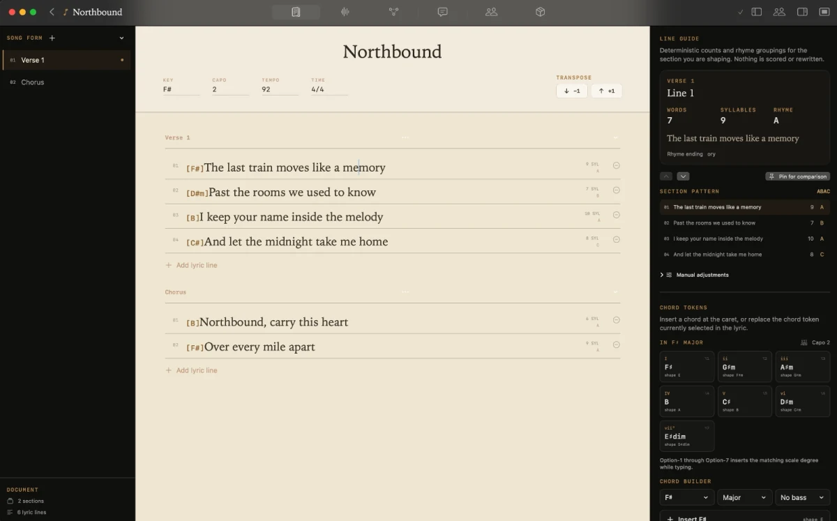 Kordra Studio writing workspace showing song lyrics, chords and song structure together.
