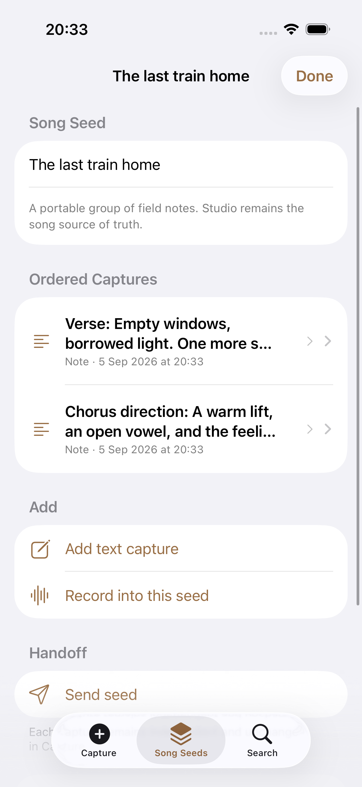Related text and voice ideas kept together in a Kordra Capture Song Seed