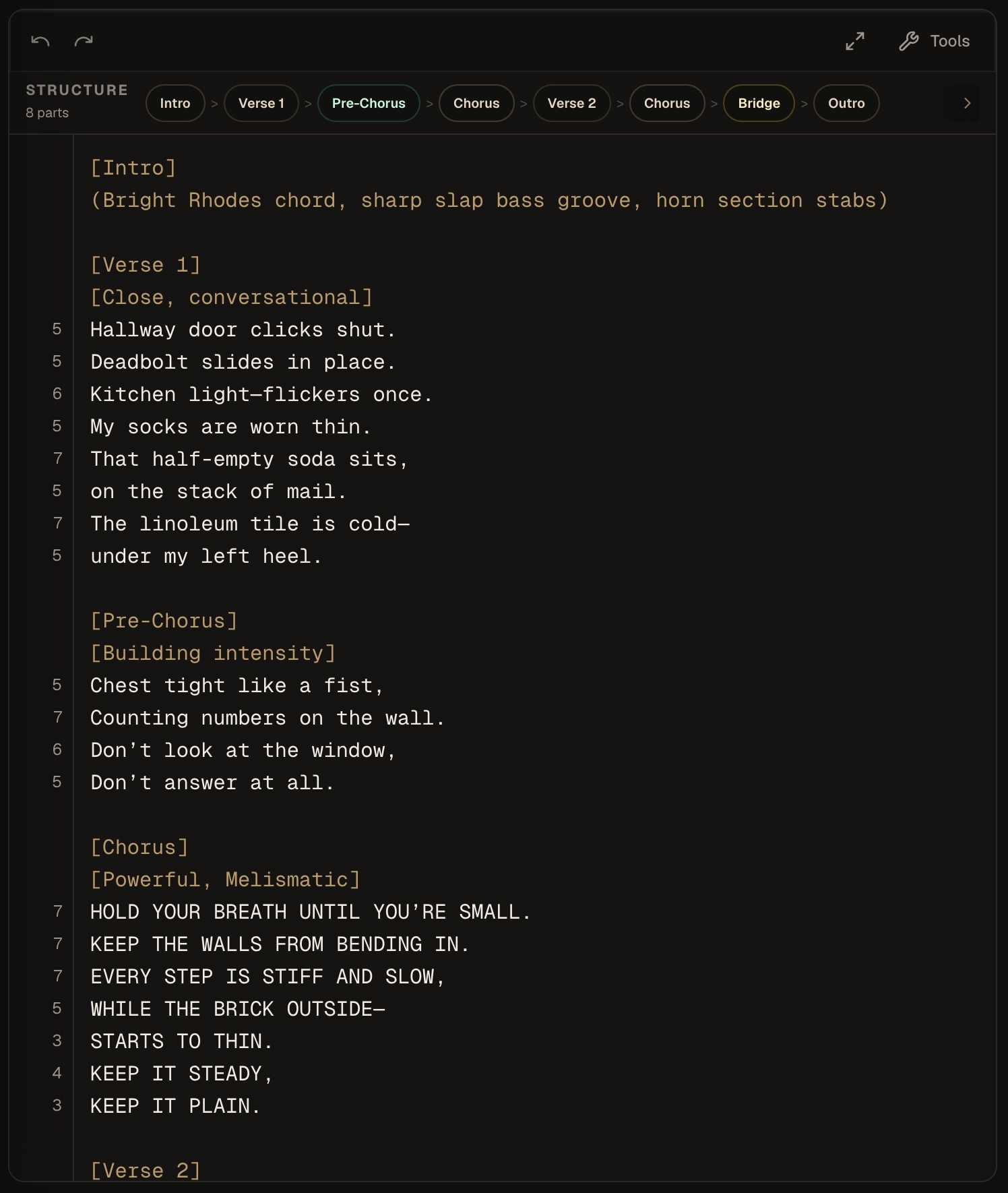 Kordra Music lyric editor showing song sections, performance directions and lyrics