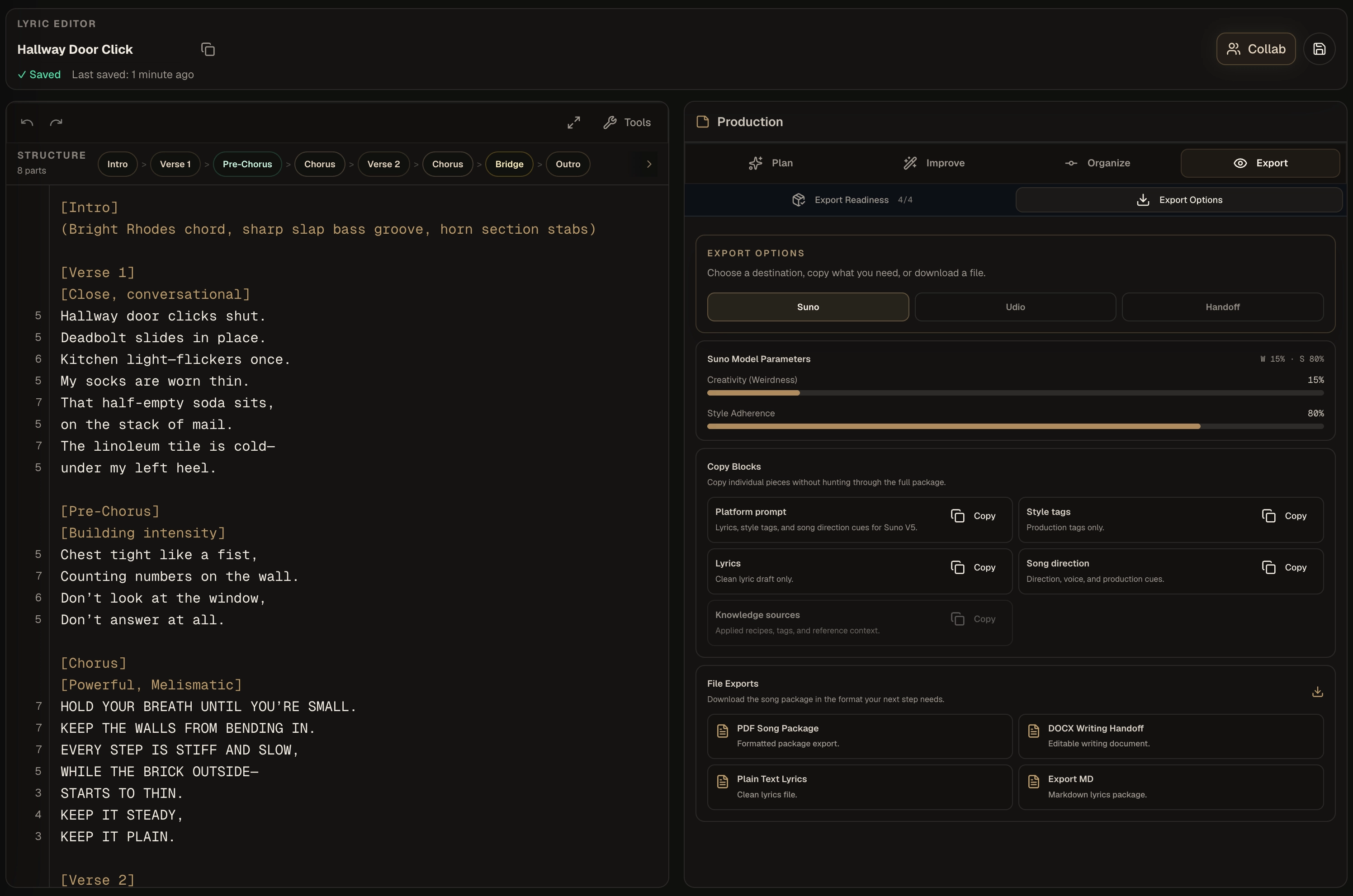 Kordra Music export options inside the editor