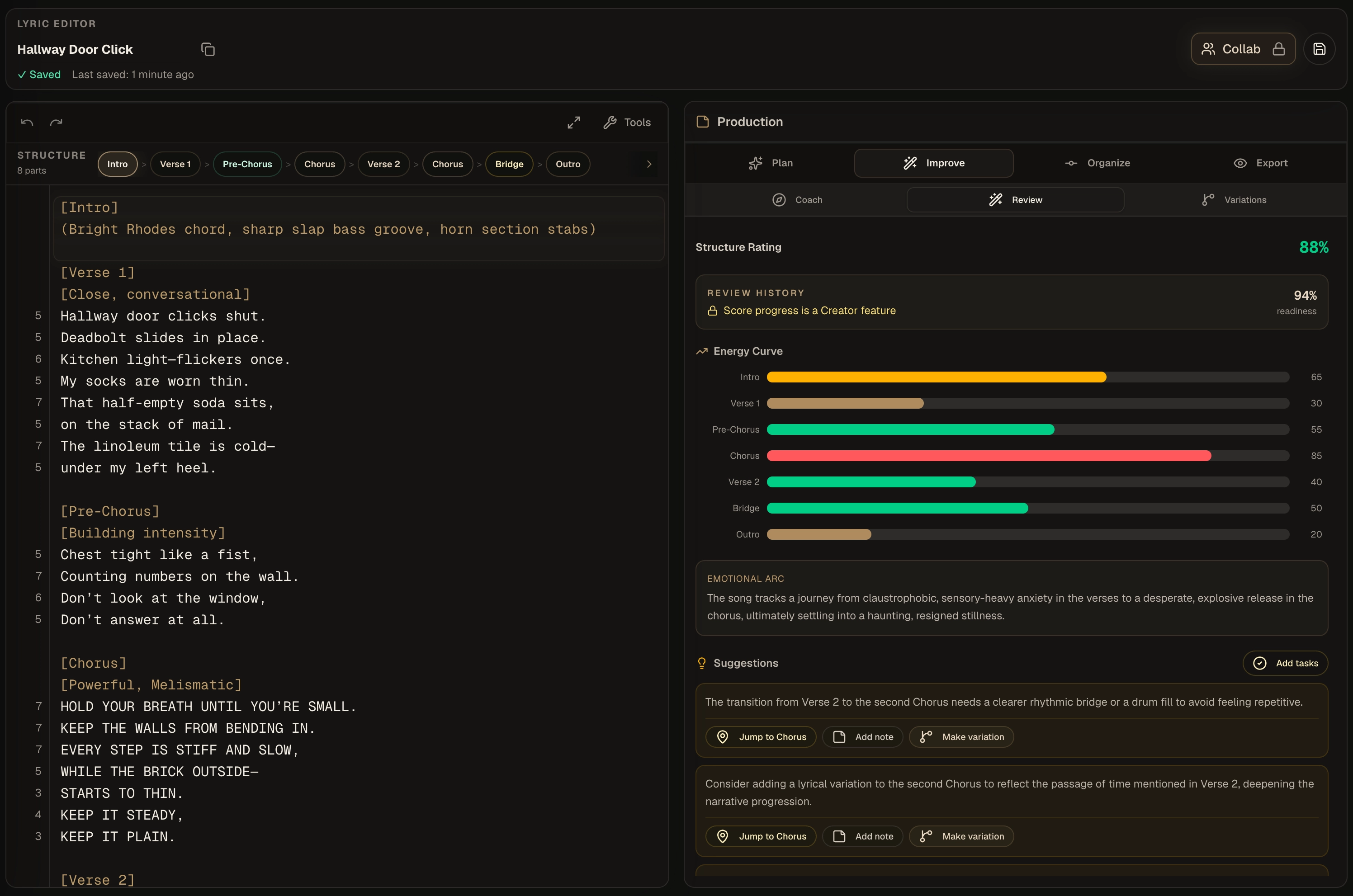 Kordra Music review workspace with structure rating, energy curve and suggestions