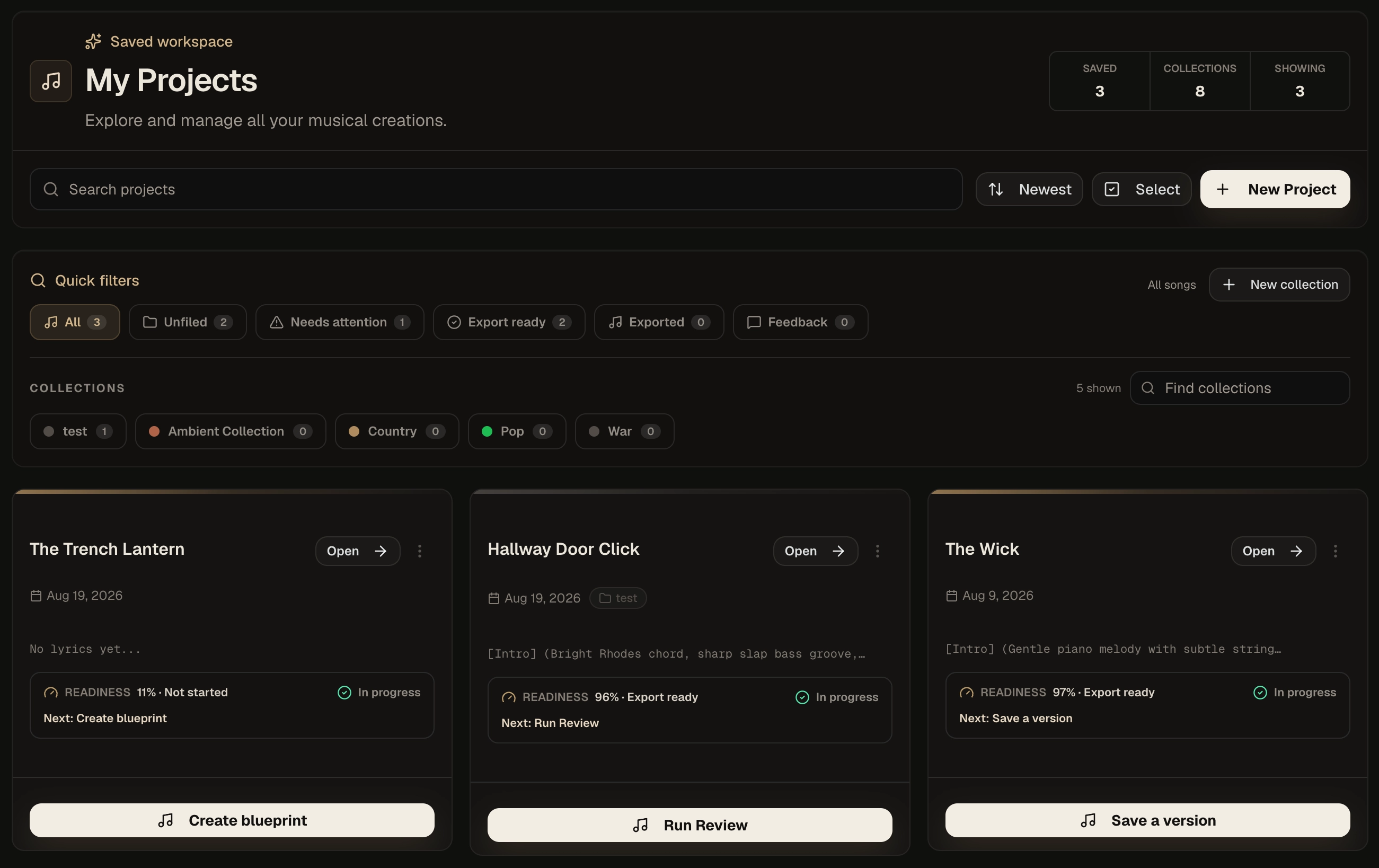 Kordra Music My Projects workspace with saved songs, collections, readiness and next actions