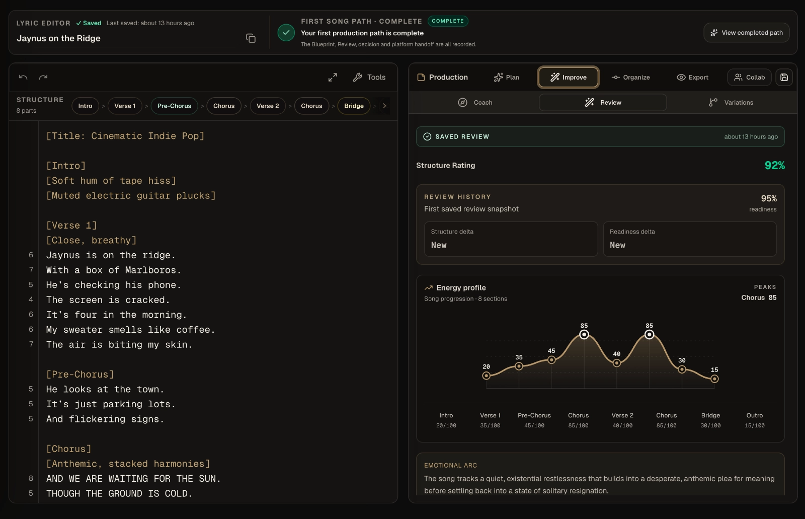 Music lyrics beside a saved AI review with structure feedback and an energy profile