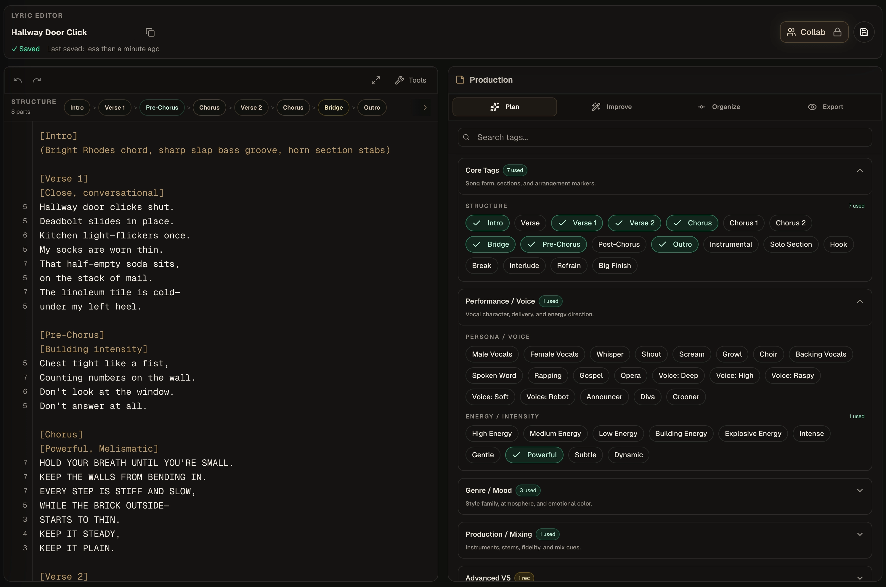 Kordra Music lyric editor with structure and song tags workspace