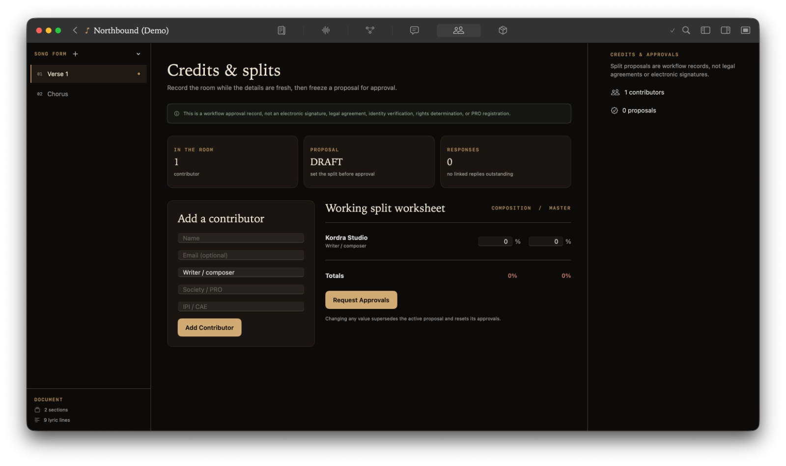 Kordra Studio credits and splits workspace with contributors and roles