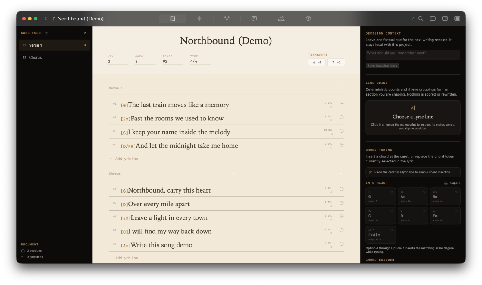 Kordra Studio songwriter workspace with chorded lyrics and song settings