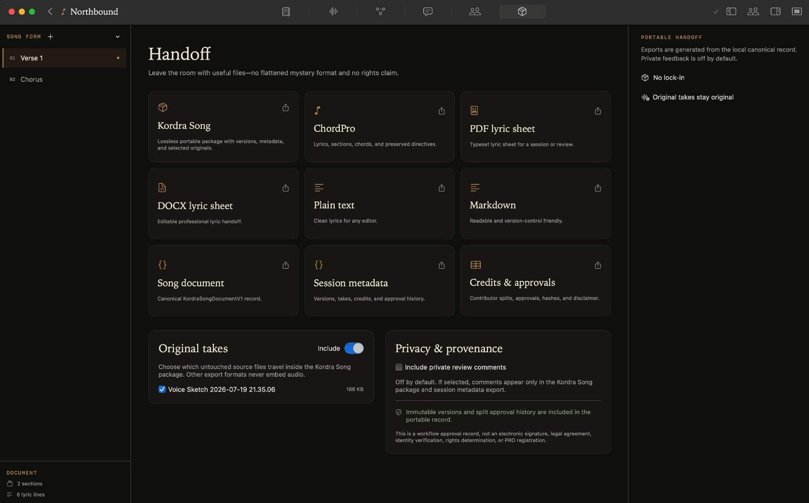 Kordra Studio Handoff screen with lyric, document and project export formats