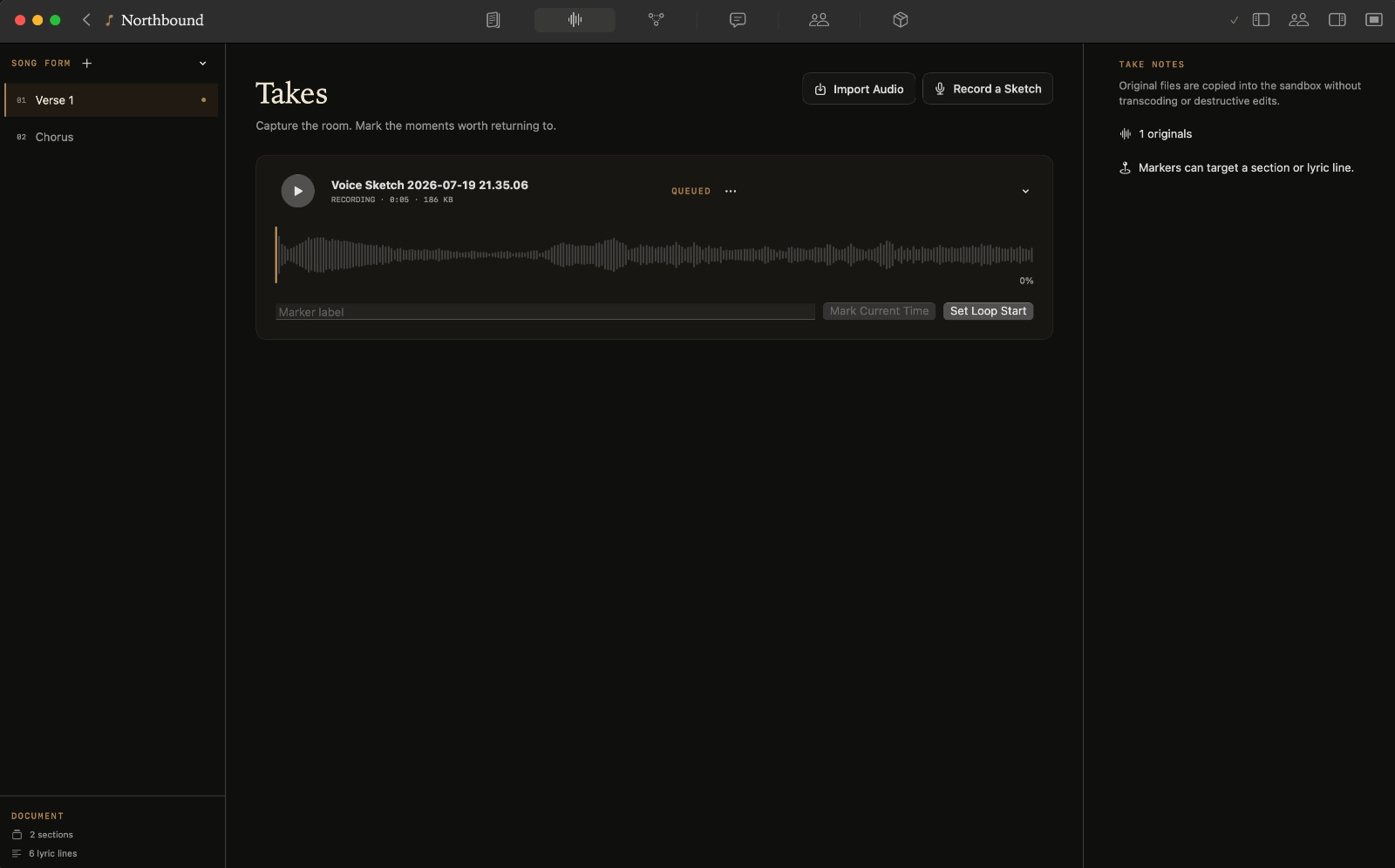 Kordra Studio Takes workspace with an imported recording, waveform and markers