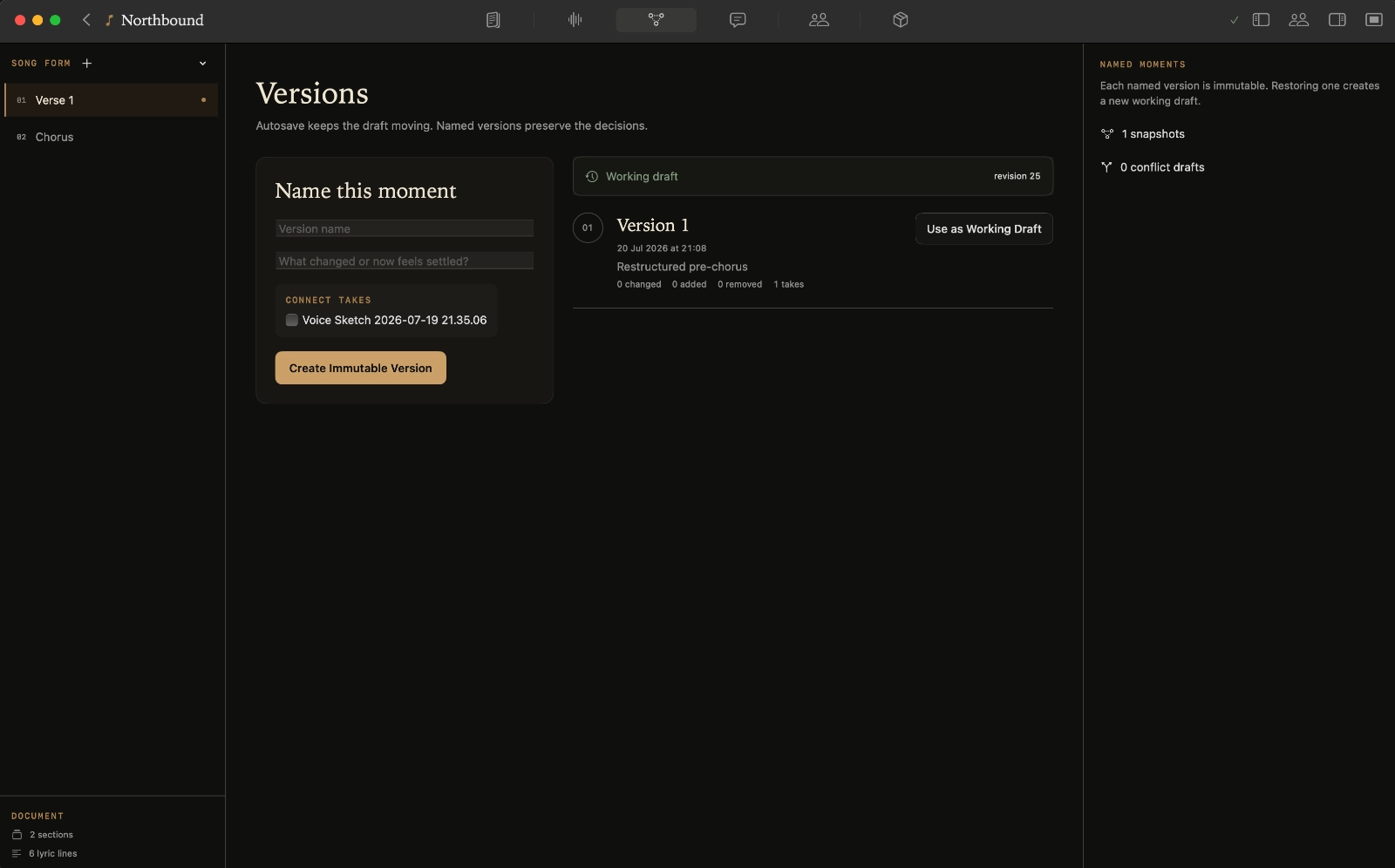 Kordra Studio Versions workspace with named moments and compare controls