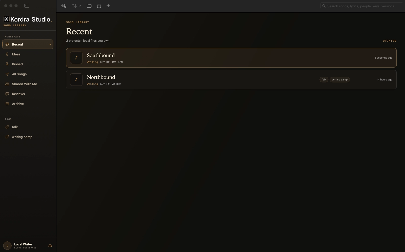 Kordra Studio local song library with recent songs and local files